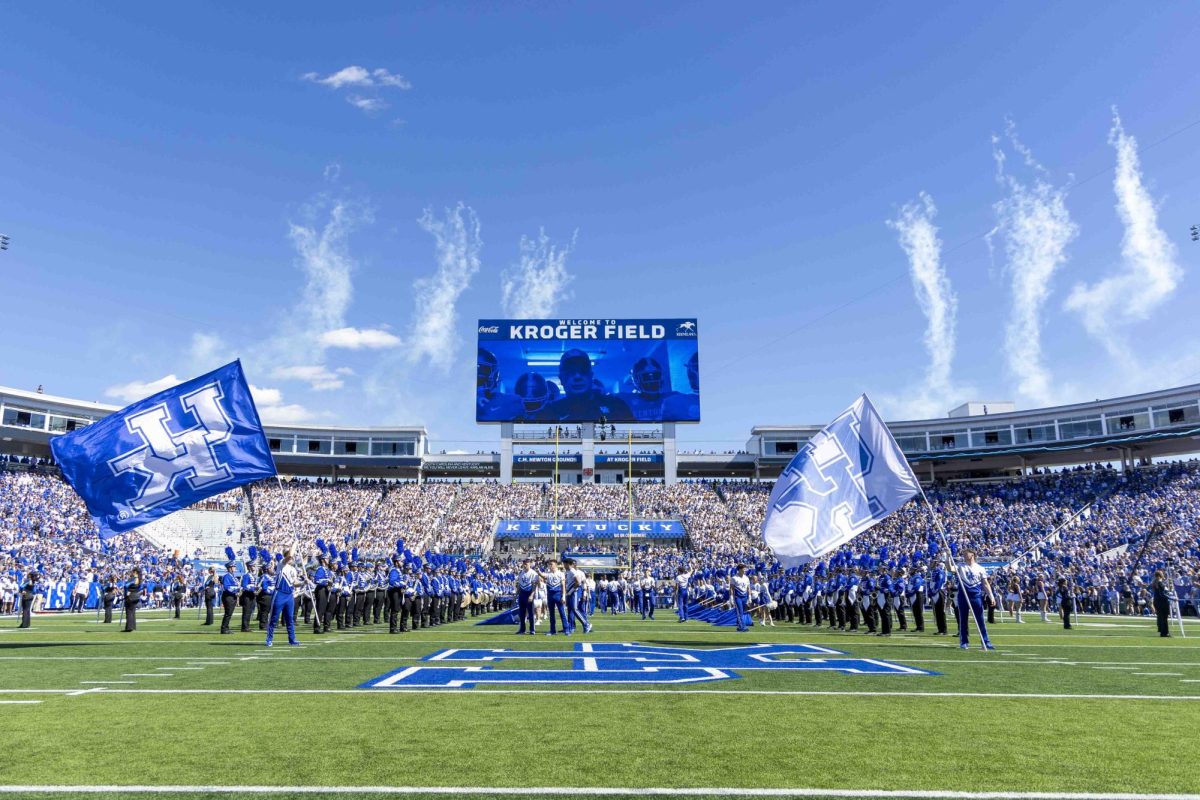 Kentucky comes out onto the field during the intro before the game between Kentucky and South Carolina. Kentucky lost to South Carolina 31-6. Saturday, Sept. 7, 2024, at Kroger Field in Lexington, Kentucky. Photo by Matthew Mueller | Photo Editor