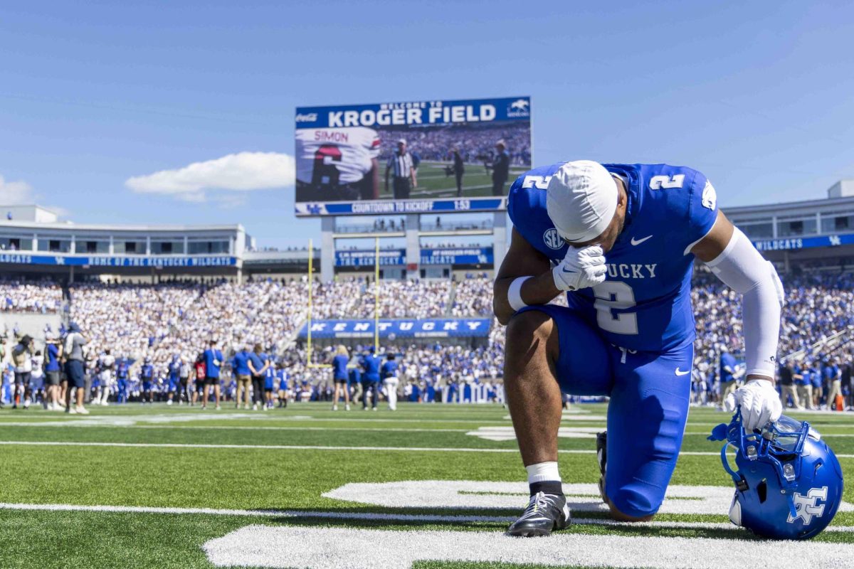 Kentucky Wildcats linebacker Jamon Dumas-Johnson (2) prays before the start of the game before the game between Kentucky and South Carolina. Kentucky lost to South Carolina 31-6. Saturday, Sept. 7, 2024, at Kroger Field in Lexington, Kentucky. Photo by Matthew Mueller | Photo Editor