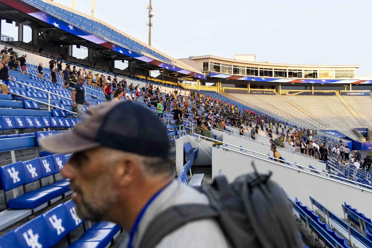 Community members and firefighters participate in the 9/11 Memorial Stair Climb on Wednesday, Sept. 11, 2024, at Kroger Field in Lexington, Kentucky. Photo by Matthew Mueller | Staff