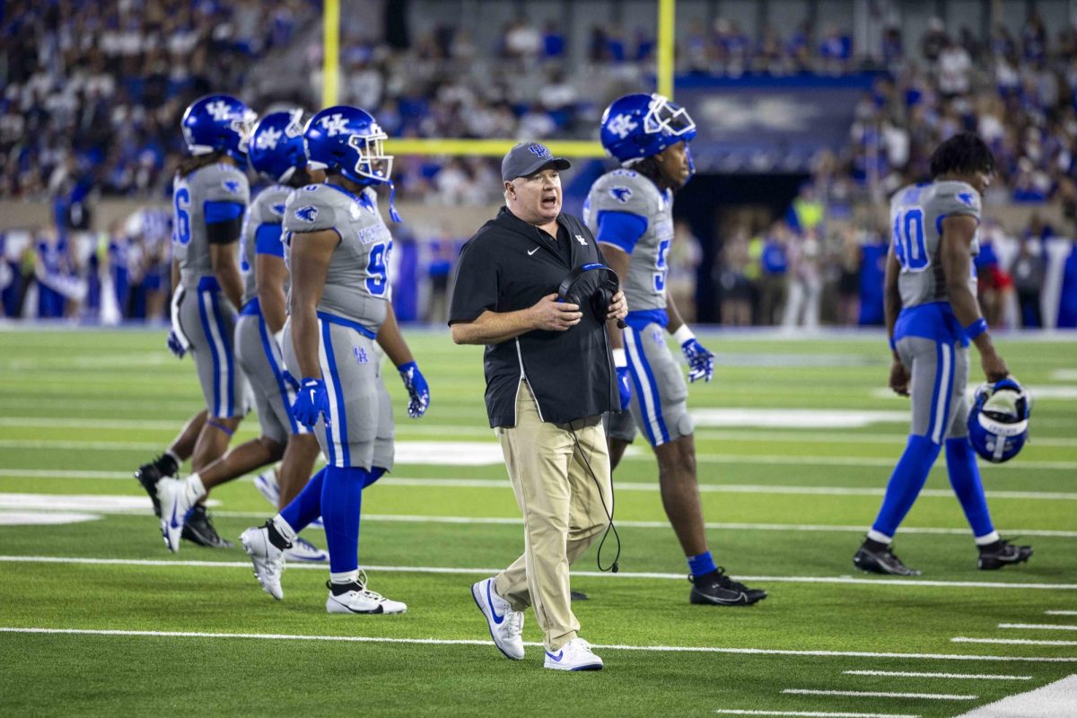 Kentucky Wildcats head coach Mark Stoops speaks to his sideline during the game between Kentucky and Georgia on Saturday, Sept. 14, 2024, at Kroger Field in Lexington, Kentucky. Kentucky lost to Georgia 13-12. Photo by Matthew Mueller | Staff