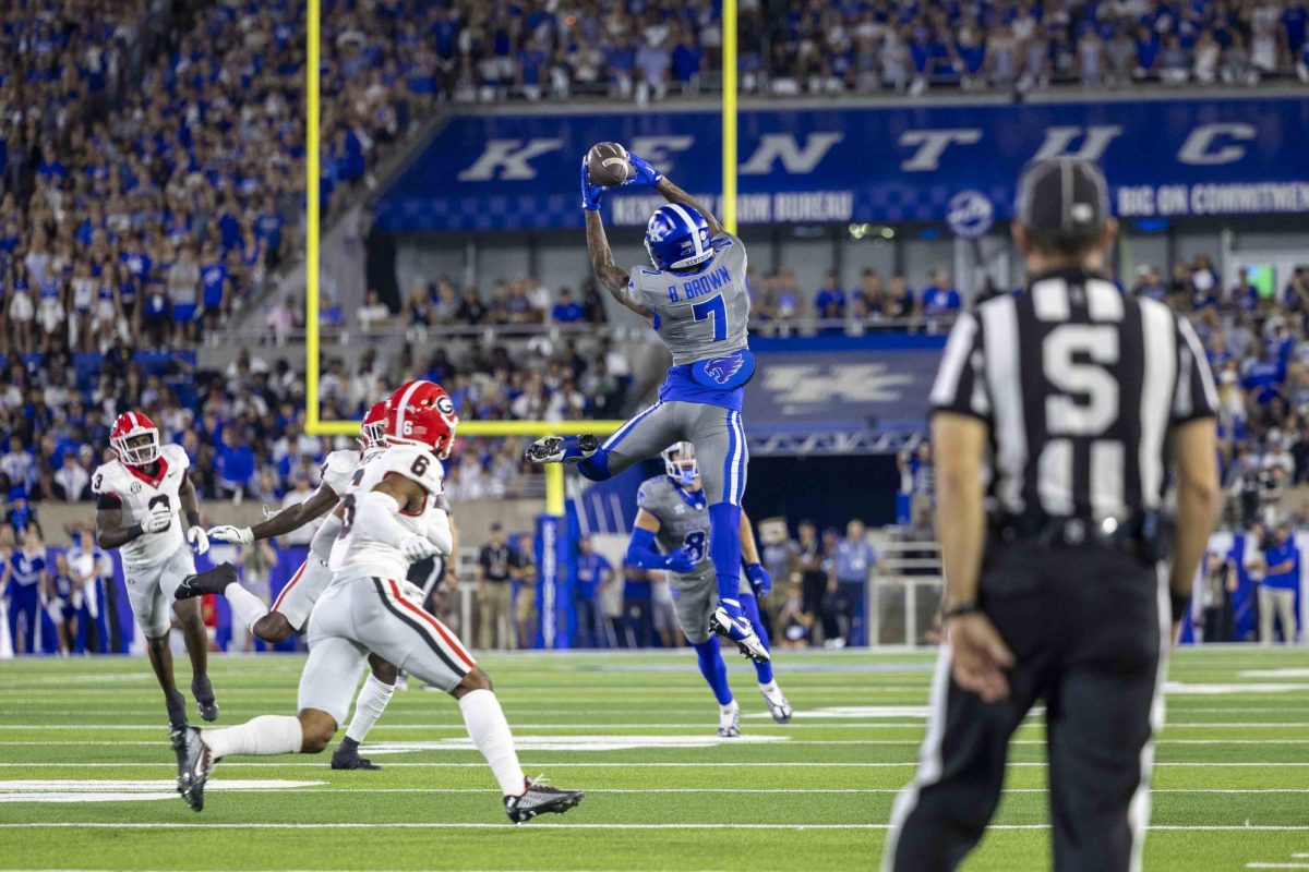 Kentucky Wildcats wide receiver Barion Brown (7) jumps to grab a pass during the game between Kentucky and Georgia on Saturday, Sept. 14, 2024, at Kroger Field in Lexington, Kentucky. Kentucky lost to Georgia 13-12. Photo by Matthew Mueller | Staff