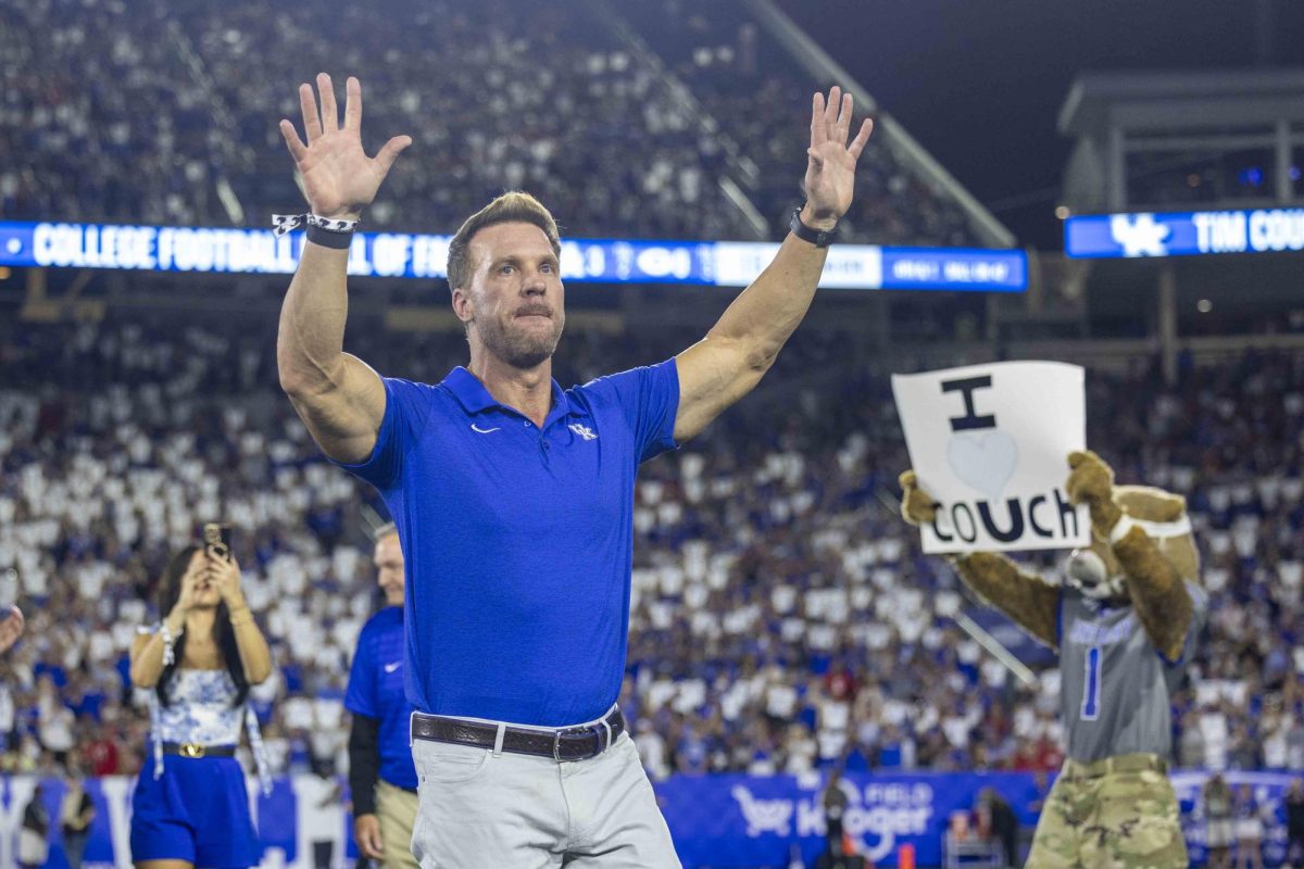 UK Football Alum Tim Couch receives his induction into the College Football Hall of Fame during the game between Kentucky and Georgia on Saturday, Sept. 14, 2024, at Kroger Field in Lexington, Kentucky. Kentucky lost to Georgia 13-12. Photo by Matthew Mueller | Staff