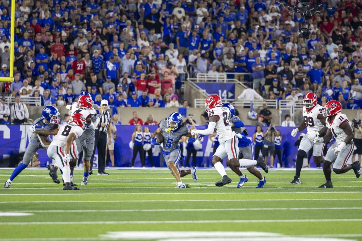 Kentucky Wildcats wide receiver Anthony Brown-Stephens (5) avoids defenders during the game between Kentucky and Georgia on Saturday, Sept. 14, 2024, at Kroger Field in Lexington, Kentucky. Kentucky lost to Georgia 13-12. Photo by Matthew Mueller | Staff