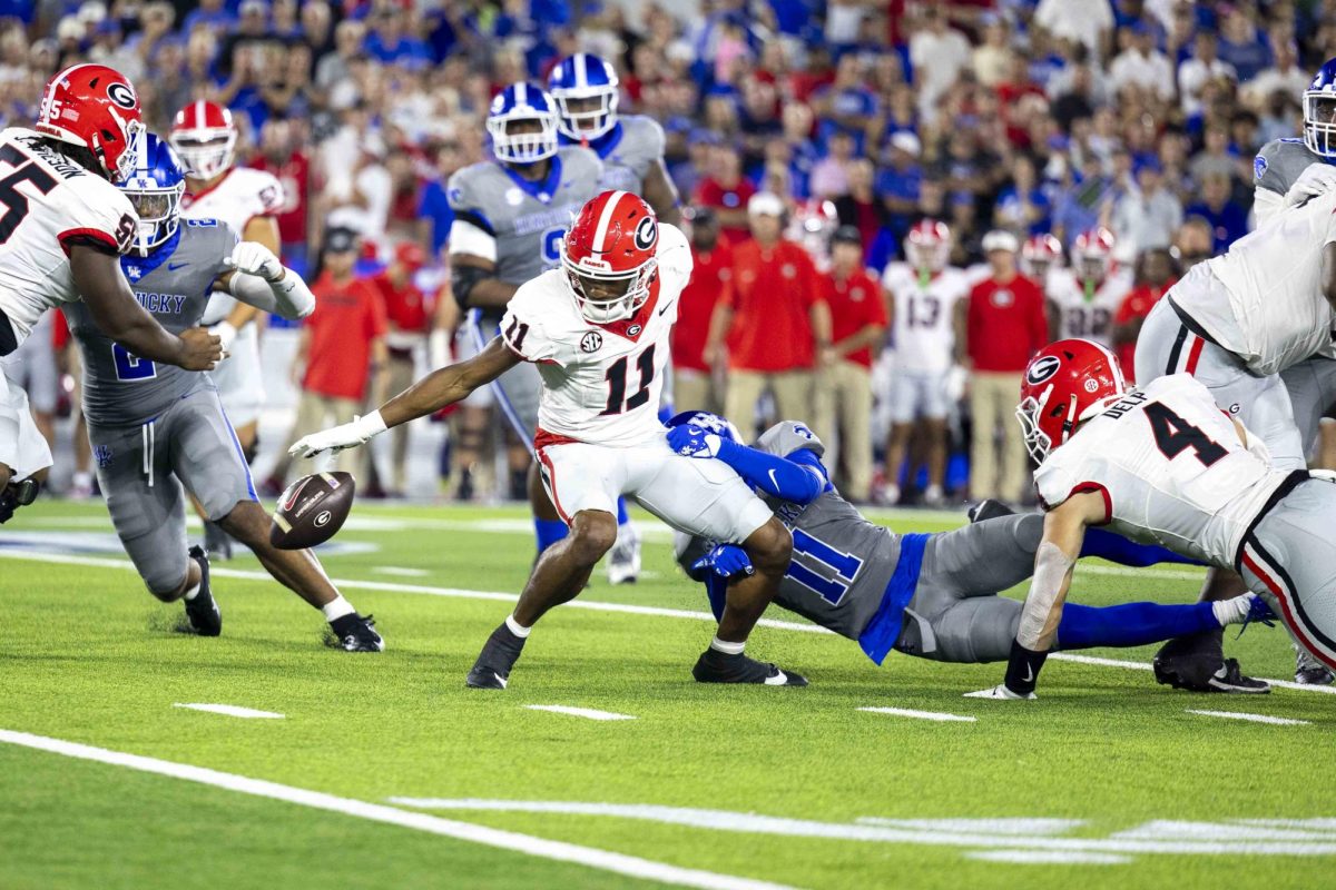 Georgia Bulldogs wide receiver Arian Smith (11) drops the ball while running a play during the game between Kentucky and Georgia on Saturday, Sept. 14, 2024, at Kroger Field in Lexington, Kentucky. Kentucky lost to Georgia 13-12. Photo by Matthew Mueller | Staff