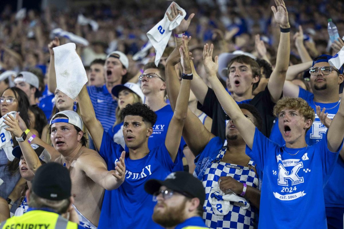 Fans react to a call by the game offcials during the game between Kentucky and Georgia on Saturday, Sept. 14, 2024, at Kroger Field in Lexington, Kentucky. Kentucky lost to Georgia 13-12. Photo by Matthew Mueller | Staff
