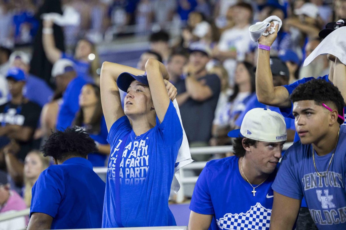 Fans react to a call by the game offcials during the game between Kentucky and Georgia on Saturday, Sept. 14, 2024, at Kroger Field in Lexington, Kentucky. Kentucky lost to Georgia 13-12. Photo by Matthew Mueller | Staff