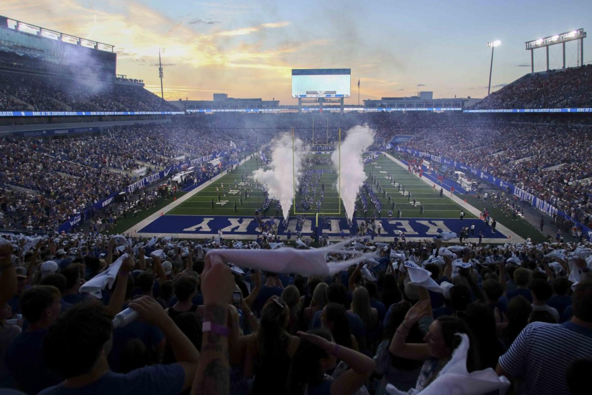 Fans cheer as Kentucky football runs out of the tunnel before the game between Kentucky and Georgia on Saturday, Sept. 14, 2024, at Kroger Field in Lexington, Kentucky. Kentucky lost to Georgia 13-12. Photo by Matthew Mueller | Staff