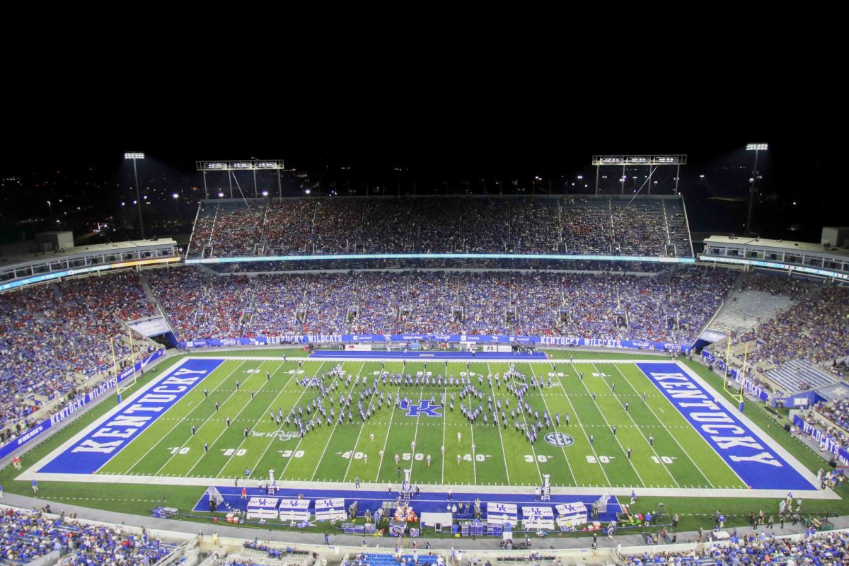 The UK marching band performs its halftime show during the game between Kentucky and Georgia on Saturday, Sept. 14, 2024, at Kroger Field in Lexington, Kentucky. Kentucky lost to Georgia 13-12. Photo by Matthew Mueller | Staff