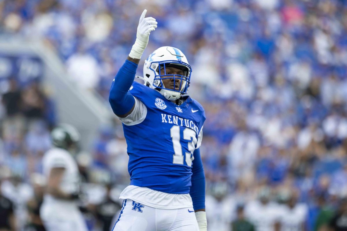 Kentucky Wildcats linebacker J.J. Weaver (13) celebrates after a stop during the game vs. Ohio University on Saturday, Sept. 21, 2024, at Kroger Field in Lexington, Kentucky. by Matthew Mueller | Staff 