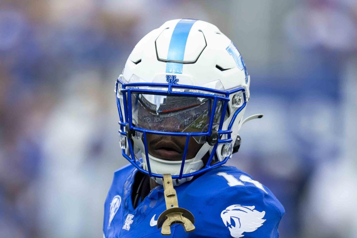 Kentucky Wildcats defensive back Ty Bryant (14) looks over at the sideline during the game vs. Ohio University on Saturday, Sept. 21, 2024, at Kroger Field in Lexington, Kentucky. by Matthew Mueller | Staff