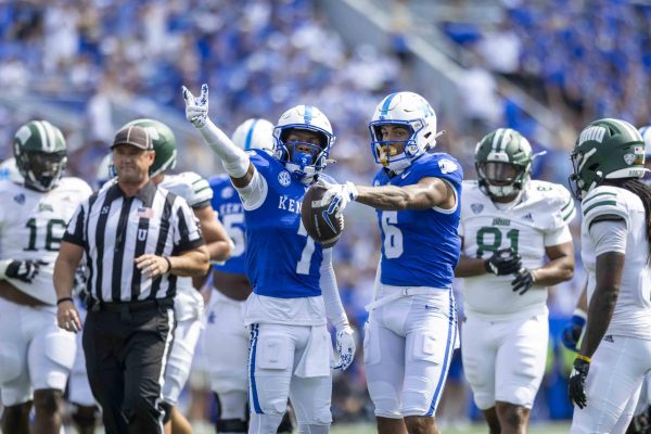 Kentucky Wildcats wide receiver Barion Brown (7) and Kentucky Wildcats wide receiver Dane Key (6) celebrate after Key got a first down during the game vs. Ohio University on Saturday, Sept. 21, 2024, at Kroger Field in Lexington, Kentucky. by Matthew Mueller | Staff 