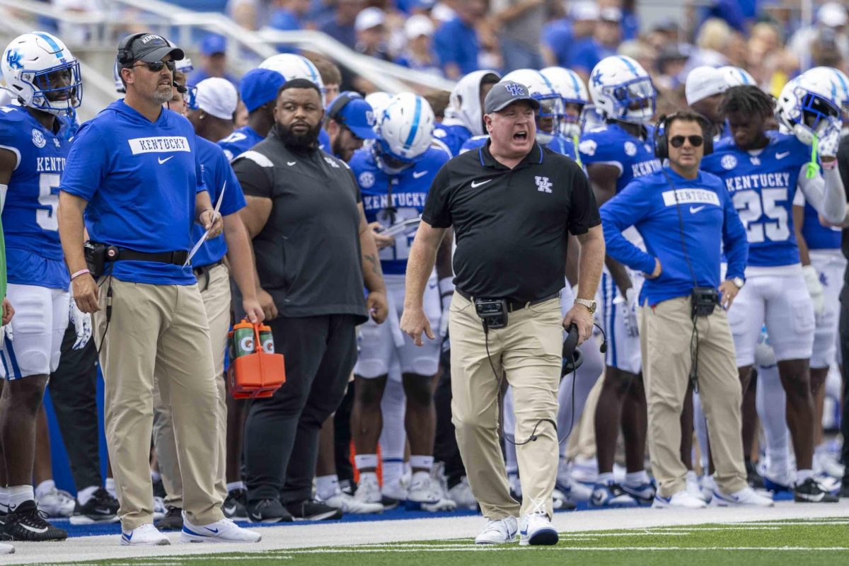 Kentucky Wildcats head coach Mark Stoops yells after a flag was thrown during the game vs. Ohio University on Saturday, Sept. 21, 2024, at Kroger Field in Lexington, Kentucky. Kentucky won 41-6. Photo by Matthew Mueller | Staff