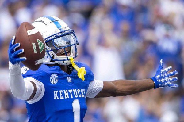 Kentucky Wildcats defensive back Maxwell Hairston (1) celebrates after getting a pick-six during the game vs. Ohio University on Saturday, Sept. 21, 2024, at Kroger Field in Lexington, Kentucky. Kentucky won 41-6. Photo by Matthew Mueller | Staff