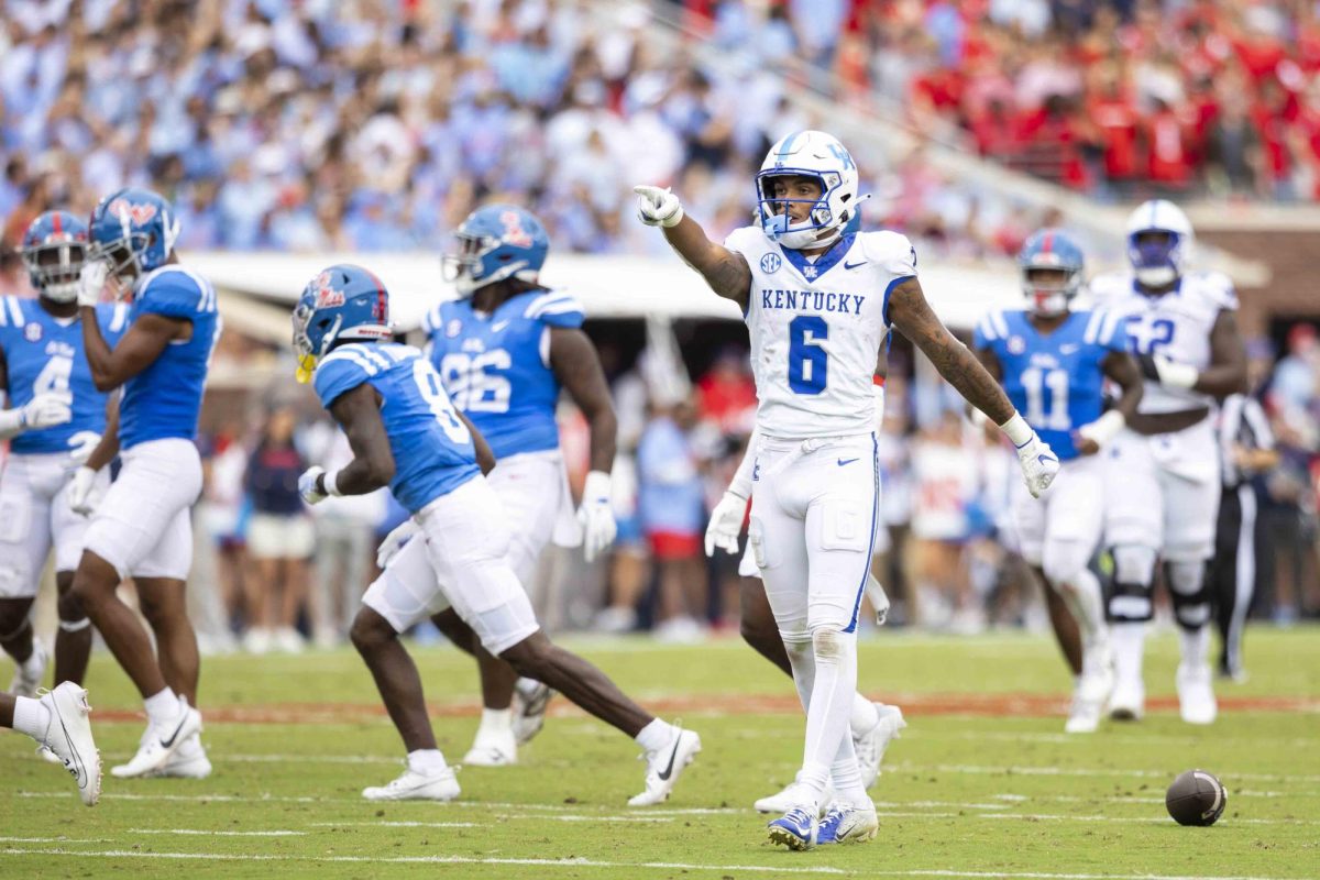 Kentucky Wildcats wide receiver Dane Key (6) points for the first down after receiving a pass during the football game between the Old Miss Rebels and the Kentucky Wildcats on Saturday, Sept. 28, 2024, at Vaught-Hemingway Stadium in Oxford, Mississippi. Kentucky won 20-17. Photo by Matthew Mueller | Staff 