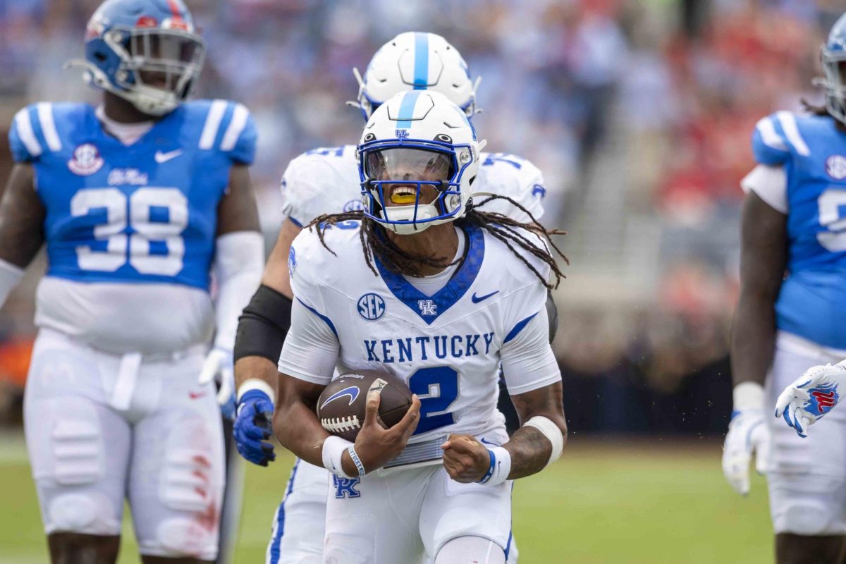 Kentucky Wildcats quarterback Gavin Wimsatt (2) celebrates after getting a first down during the game between the Old Miss Rebels and the Kentucky Wildcats on Saturday, Sept. 28, 2024, at Vaught-Hemingway Stadium in Oxford, Mississippi. Photo by Matthew Mueller | Staff