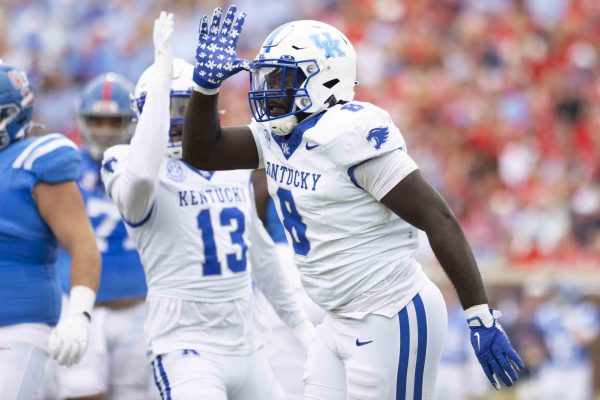 Kentucky Wildcats defensive lineman Octavious Oxendine (8) celebrates after getting a sack during the game between the Old Miss Rebels and the Kentucky Wildcats on Saturday, Sept. 28, 2024, at Vaught-Hemingway Stadium in Oxford, Mississippi. Photo by Matthew Mueller | Staff