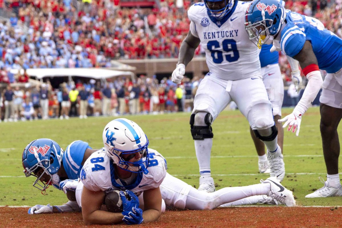 Kentucky Wildcats tight end Josh Kattus (84) recovers the fumble for a touchdown during the game between the Old Miss Rebels and the Kentucky Wildcats on Saturday, Sept. 28, 2024, at Vaught-Hemingway Stadium in Oxford, Mississippi. Kentucky won 20-17. Photo by Matthew Mueller | Staff 