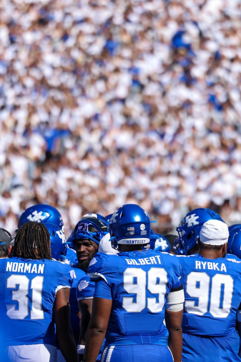 Kentucky in a time out during the Kentucky vs Southern Carolina football game on Saturday, Sept. 7, 2024, at Kroger Field in Lexington Kentucky. Kentucky lost 31-6. Photo by Sydney Yonker | Staff