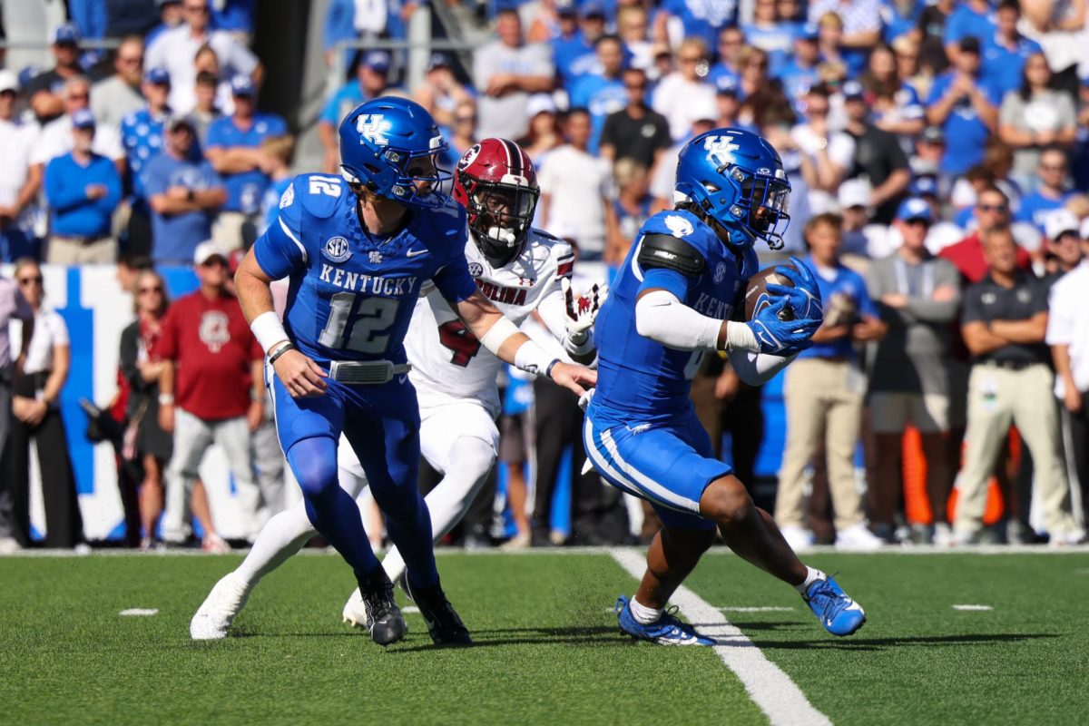 Kentucky running back Demie Sumo-Karngbaye receives the ball from a handoff during the Kentucky vs Southern Carolina football game on Saturday, Sept. 7, 2024, at Kroger Field in Lexington Kentucky. Kentucky lost 31-6. Photo by Sydney Yonker | Staff