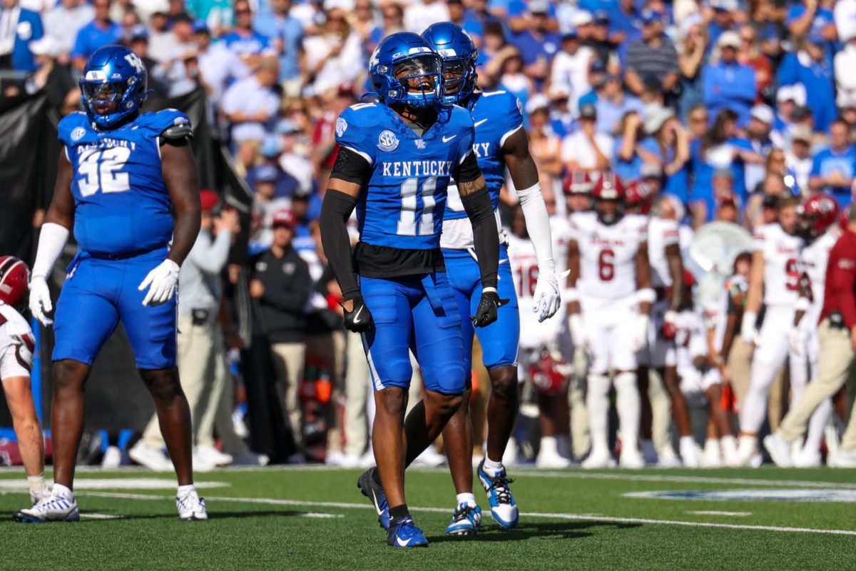 Kentucky defensive back Quay’sheed Scott celebrates a stop during the Kentucky vs Southern Carolina football game on Saturday, Sept. 7, 2024, at Kroger Field in Lexington Kentucky. Kentucky lost 31-6. Photo by Sydney Yonker | Staff