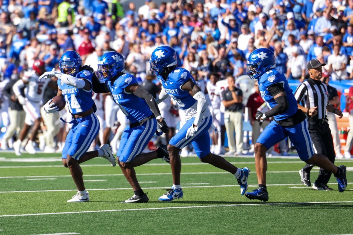 Kentucky defensive back Ty Bryant celebrates an interception during the Kentucky vs Southern Carolina football game on Saturday, Sept. 7, 2024, at Kroger Field in Lexington Kentucky. Kentucky lost 31-6. Photo by Sydney Yonker | Staff