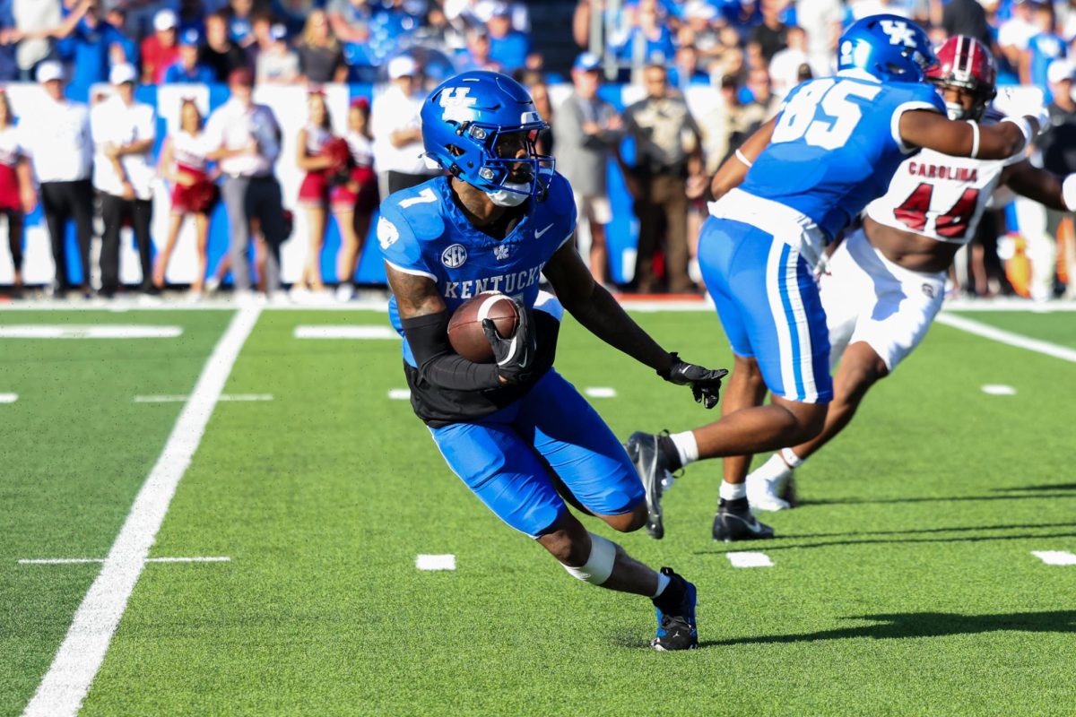 Kentucky wide receiver Barion Brown runs the ball during the Kentucky vs Southern Carolina football game on Saturday, Sept. 7, 2024, at Kroger Field in Lexington Kentucky. Kentucky lost 31-6. Photo by Sydney Yonker | Staff