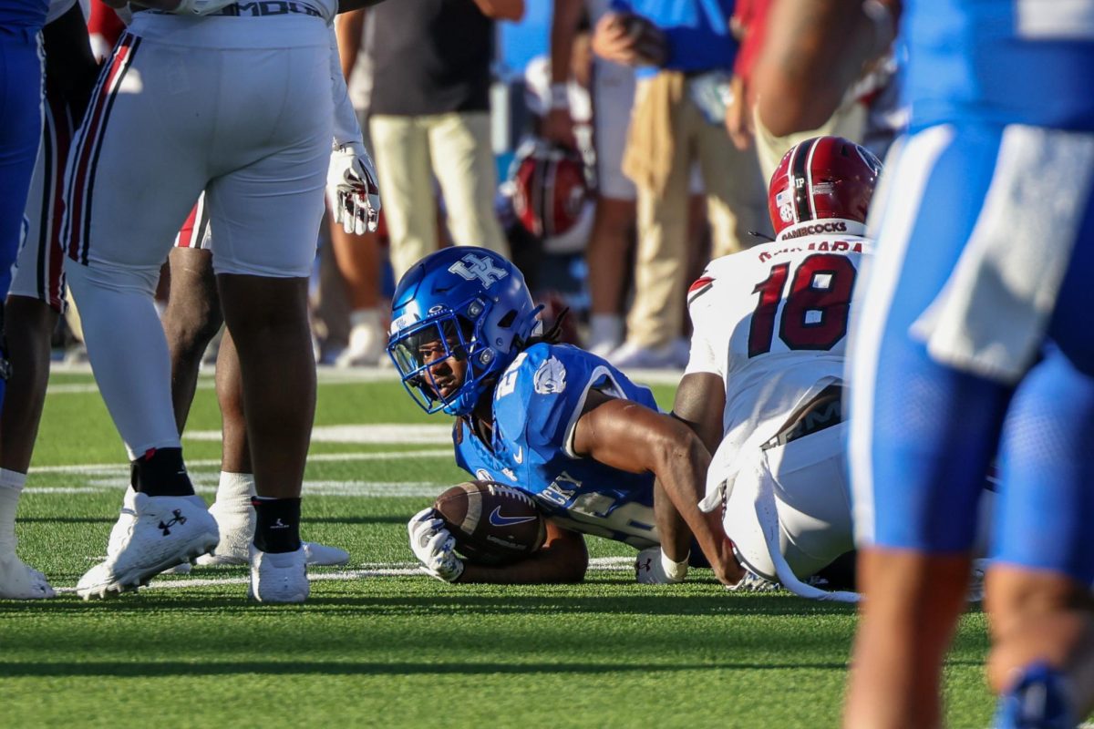 Kentucky running back Jason Patterson gets tackled during the Kentucky vs Southern Carolina football game on Saturday, Sept. 7, 2024, at Kroger Field in Lexington Kentucky. Kentucky lost 31-6. Photo by Sydney Yonker | Staff