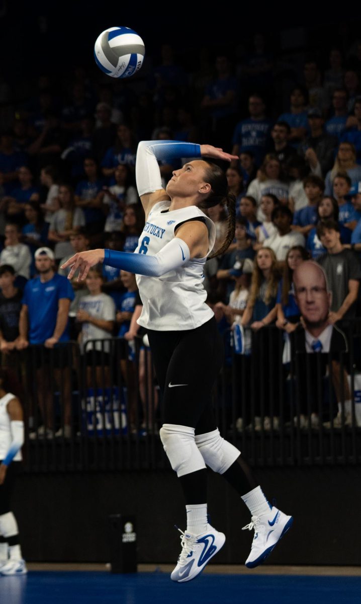 Kentucky libero Eleanor Beavin (6) serves the ball during the No. 9 Kentucky vs. No. 7 Penn State women's volleyball match on Friday, Sept. 6, 2024, at Memorial Coliseum in Lexington, Kentucky. Kentucky lost 2-3. Photo by Brayden Finn | Staff