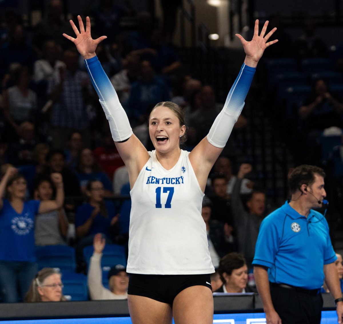 Kentucky 'OH' Brooklyn DeLeye (17) celebrates after a point score during the No. 9 Kentucky vs. No. 7 Penn State women's volleyball match on Friday, Sept. 6, 2024, at Memorial Coliseum in Lexington, Kentucky. Kentucky lost 2-3. Photo by Brayden Finn | Staff