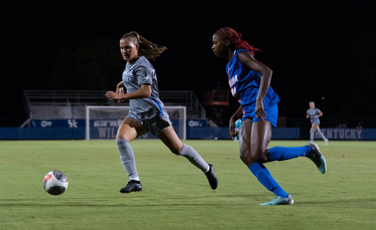 Kentucky defender chases for the ball against Florida player in Kentucky Women’s Soccer Game vs Florida, on Thursday, Sept. 19, 2024, at the Wendell and Vickie Bell Soccer Complex, in Lexington, Kentucky. The teams drew 0-0. Photo by Brayden Finn | Staff