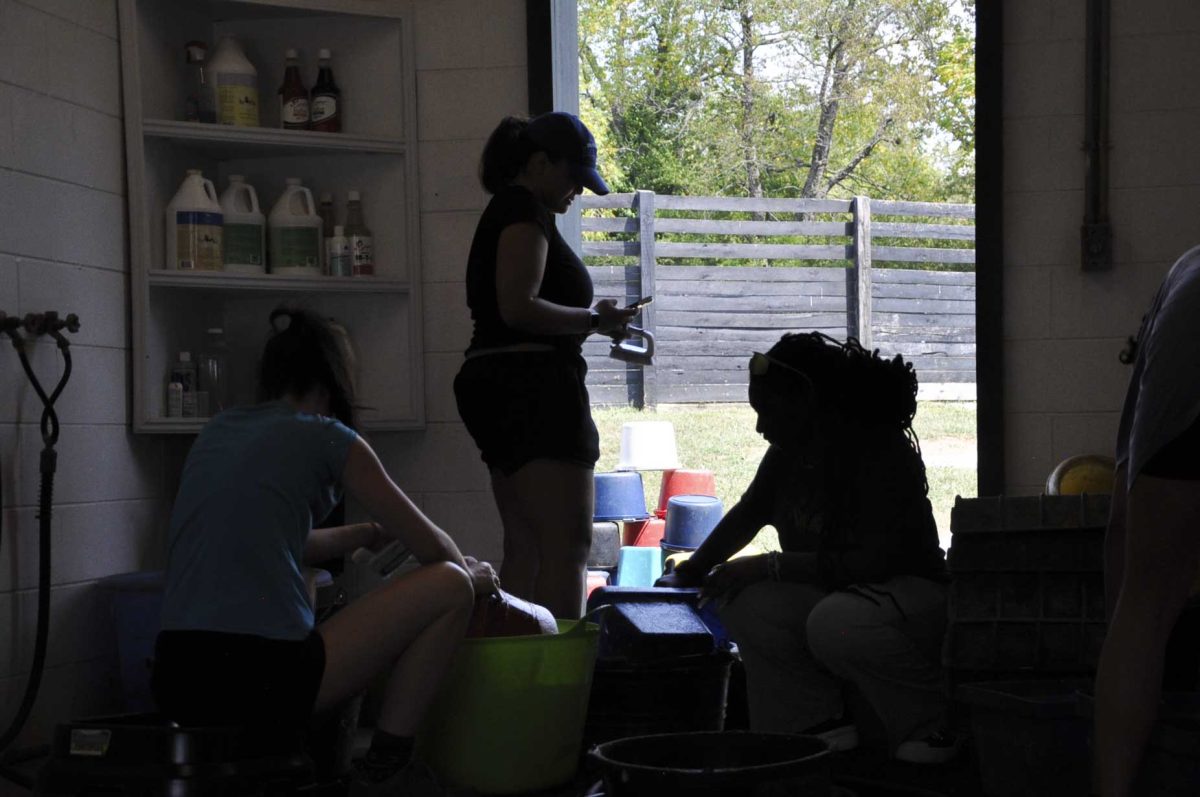 Students clean buckets used to feed the horses on Saturday, Aug. 31, 2024, at the Secretariat Center in Lexington, Kentucky. Photo by Isabella Sepahban | Staff