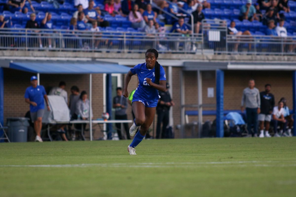 Forward Makala Woods watches the goalie at the Kentucky vs. Kent State women's soccer game on Friday, Sept. 13, 2024, at Wendell and Vickie Bell soccer complex in Lexington, Kentucky. Kentucky won 3-1. Photo by Sydney Novack | Staff