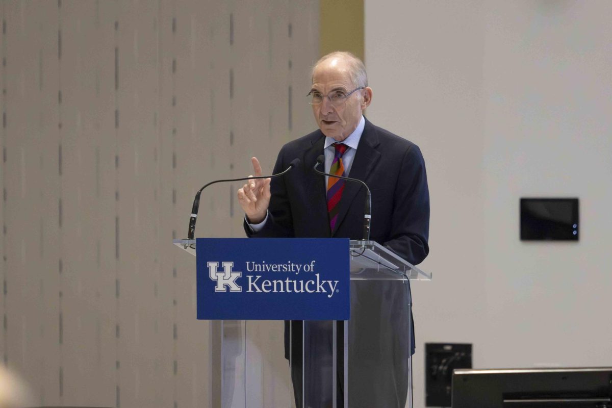 President Eli Capilouto gives the president's report at the University of Kentucky in Lexington, Kentucky, Board of Trustees Meeting in the Gatton Student Center, Harris Ballroom, Friday, Sep 13, 2024. Photo by Sydney Novack | Staff