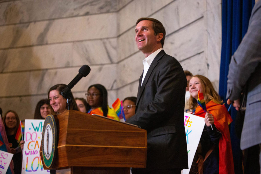 Governor Andy Beshear gives a speech during the KY Fairness Rally on Feb. 15, 2023, at the Kentucky State Capitol in Frankfort, Kentucky. Photo by Samuel Colmar | Staff