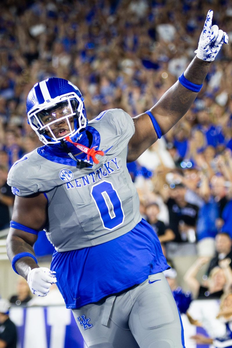 Kentucky defensive tackle Deone Walker (0) celebrates a sack during the Kentucky vs. No. 1 Georgia football game on Saturday, Sept. 14, 2024, at Kroger Field in Lexington, Kentucky. Kentucky lost 13-12. Photo by Samuel Colmar | Staff