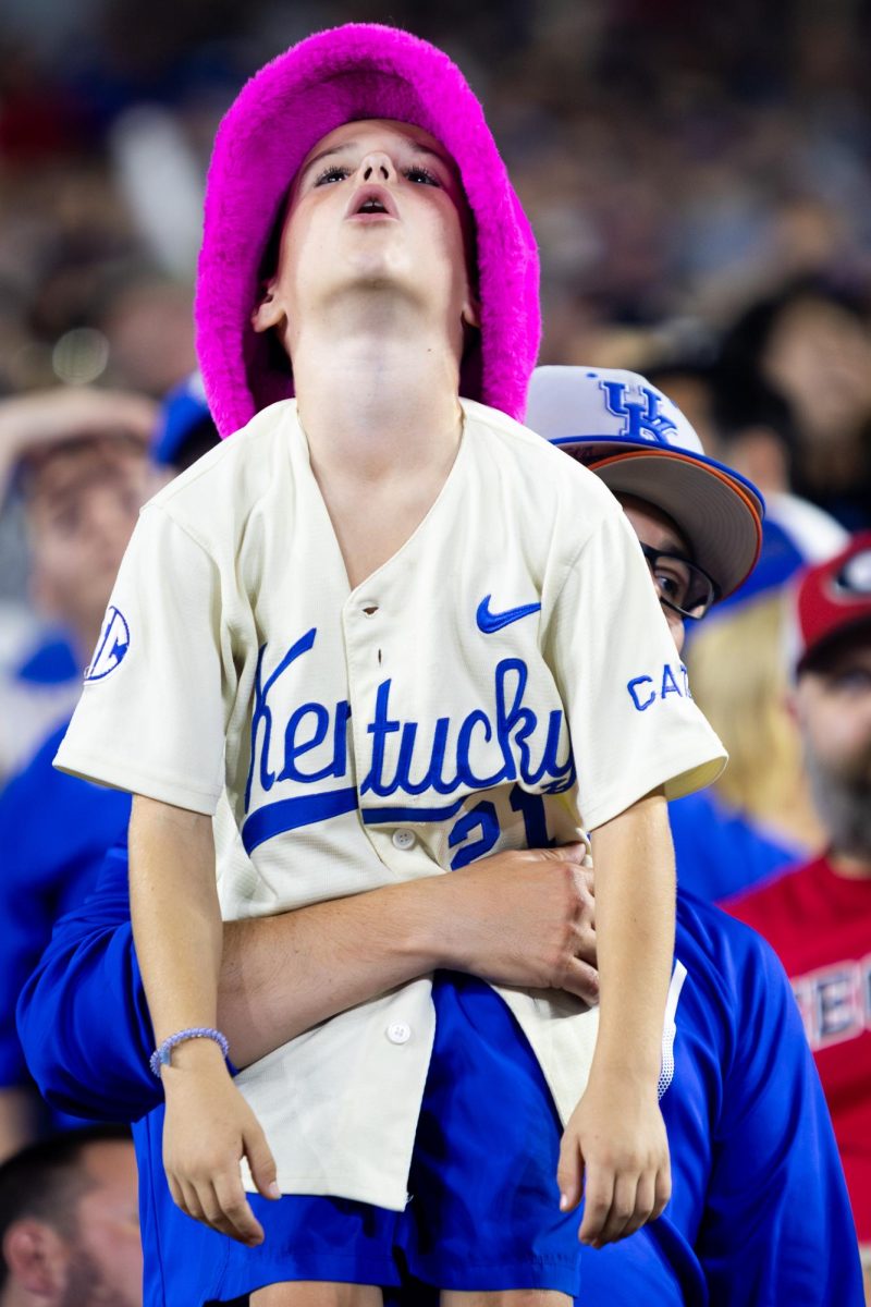 A Kentucky fan reacts to an overturned call during the Kentucky vs. No. 1 Georgia football game on Saturday, Sept. 14, 2024, at Kroger Field in Lexington, Kentucky. Kentucky lost 13-12. Photo by Samuel Colmar | Staff