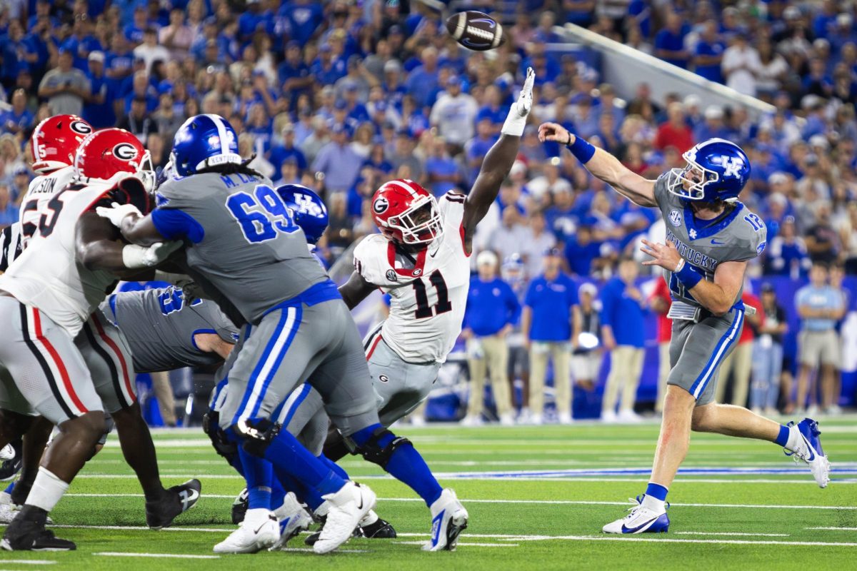 Kentucky quarterback Brock Vandagriff (12) throws the ball during the Kentucky vs. No. 1 Georgia football game on Saturday, Sept. 14, 2024, at Kroger Field in Lexington, Kentucky. Kentucky lost 13-12. Photo by Samuel Colmar | Staff