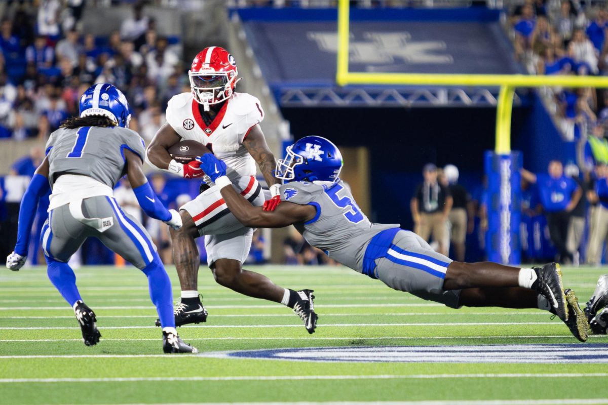 Kentucky defensive back DJ Waller Jr. (5) extends for a tackle during the Kentucky vs. No. 1 Georgia football game on Saturday, Sept. 14, 2024, at Kroger Field in Lexington, Kentucky. Kentucky lost 13-12. Photo by Samuel Colmar | Staff