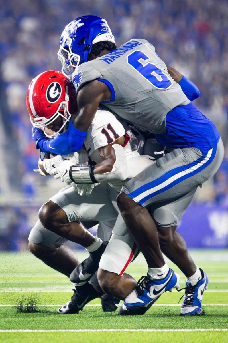 Kentucky defensive back Jonquis “JQ” Hardaway (6) makes a tackle during the Kentucky vs. No. 1 Georgia football game on Saturday, Sept. 14, 2024, at Kroger Field in Lexington, Kentucky. Kentucky lost 13-12. Photo by Samuel Colmar | Staff
