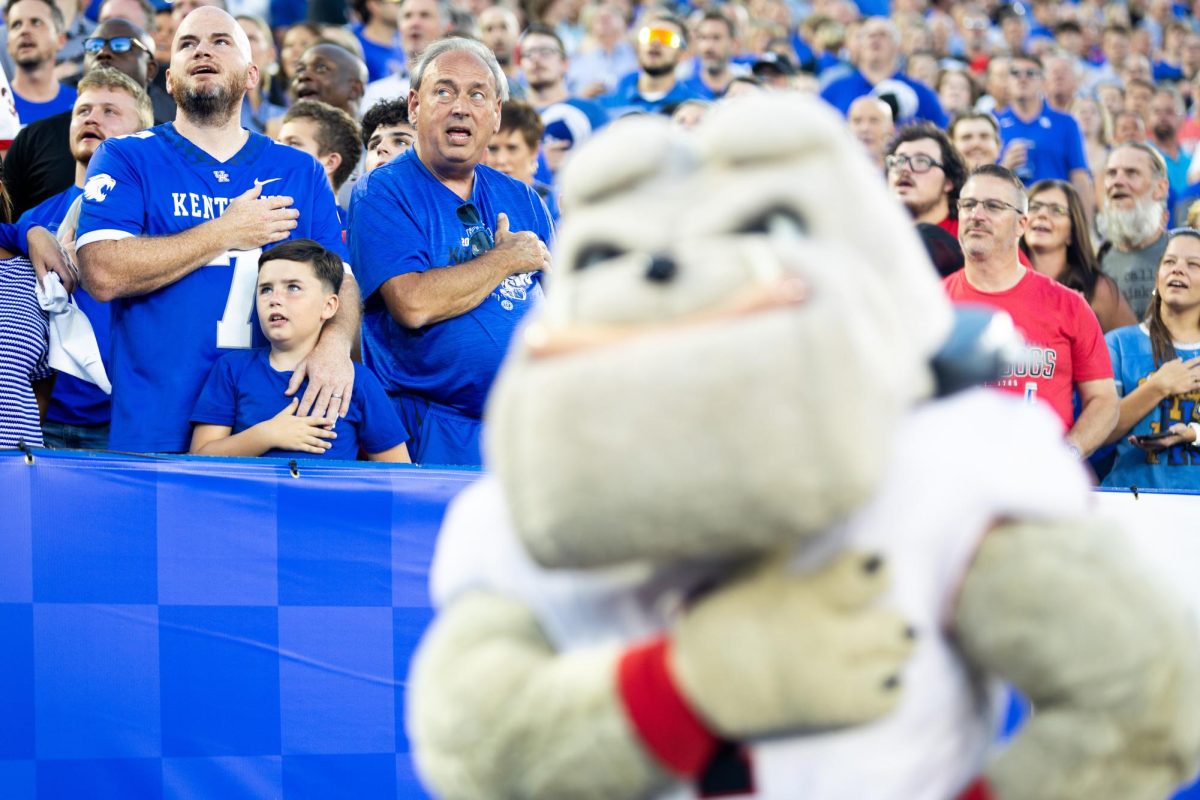 Kentucky fans stand for ‘The Star-Spangled Banner’ before the Kentucky vs. No. 1 Georgia football game on Saturday, Sept. 14, 2024, at Kroger Field in Lexington, Kentucky. Kentucky lost 13-12. Photo by Samuel Colmar | Staff