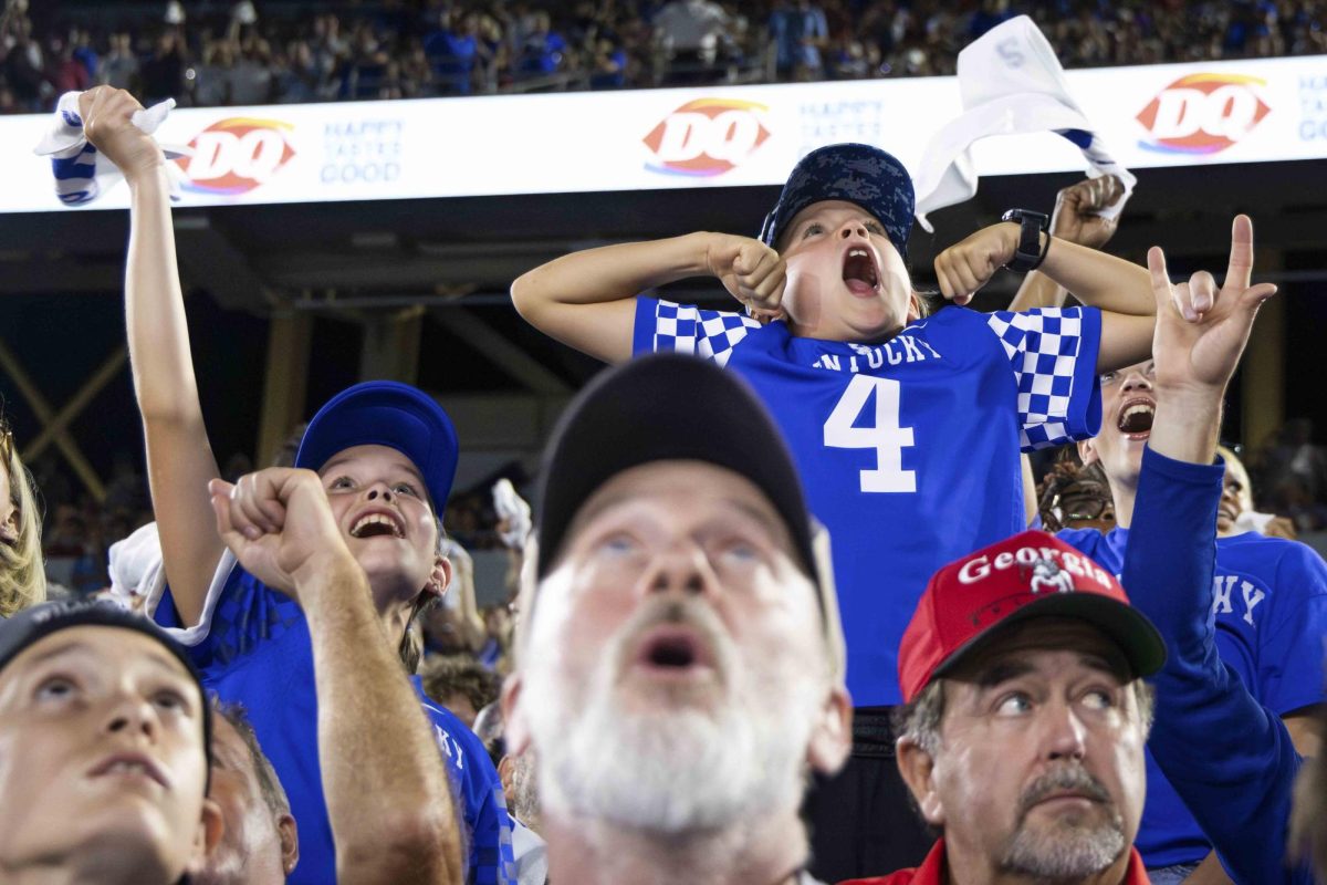 Fans react to a Kentucky first down during the Kentucky vs. No. 1 Georgia football game on Saturday, Sept. 14, 2024, at Kroger Field in Lexington, Kentucky. Kentucky lost 13-12. Photo by Samuel Colmar | Staff