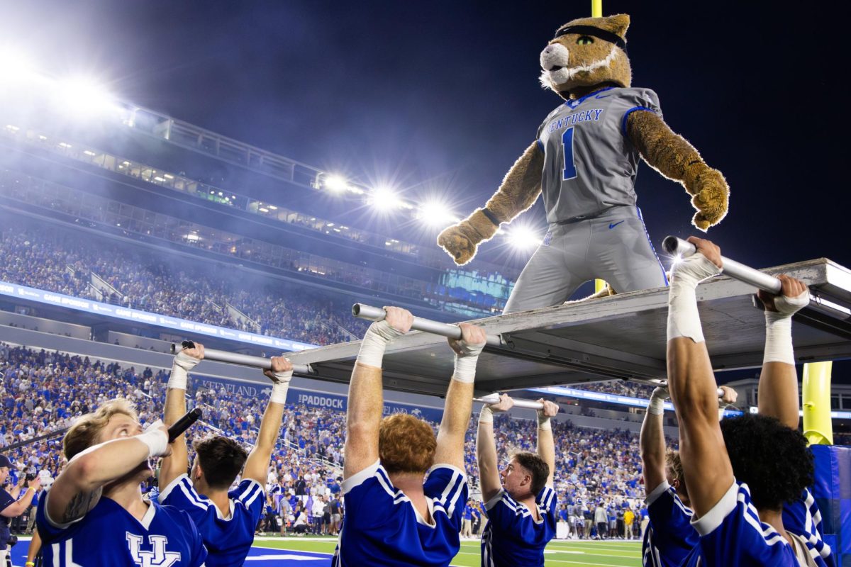 The Kentucky Wildcat mascot celebrates after doing pushups during the Kentucky vs. No. 1 Georgia football game on Saturday, Sept. 14, 2024, at Kroger Field in Lexington, Kentucky. Kentucky lost 13-12. Photo by Samuel Colmar | Staff