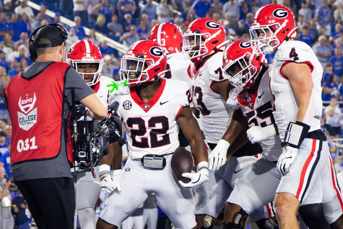 Georgia running back Branson Robinson (22) celebrates after scoring a touchdown during the Kentucky vs. No. 1 Georgia football game on Saturday, Sept. 14, 2024, at Kroger Field in Lexington, Kentucky. Kentucky lost 13-12. Photo by Samuel Colmar | Staff