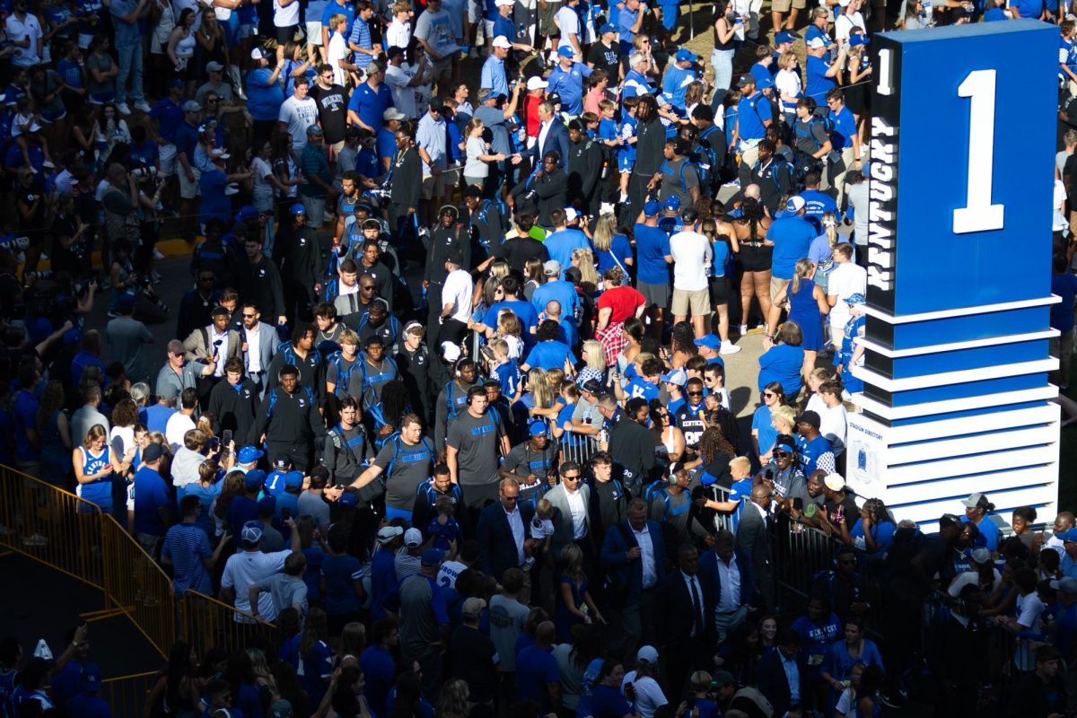 The Kentucky team arrives at the 'Catwalk' before the Kentucky vs. No. 1 Georgia football game on Saturday, Sept. 14, 2024, at Kroger field in Lexington, Kentucky. Photo by Samuel Colmar | Staff