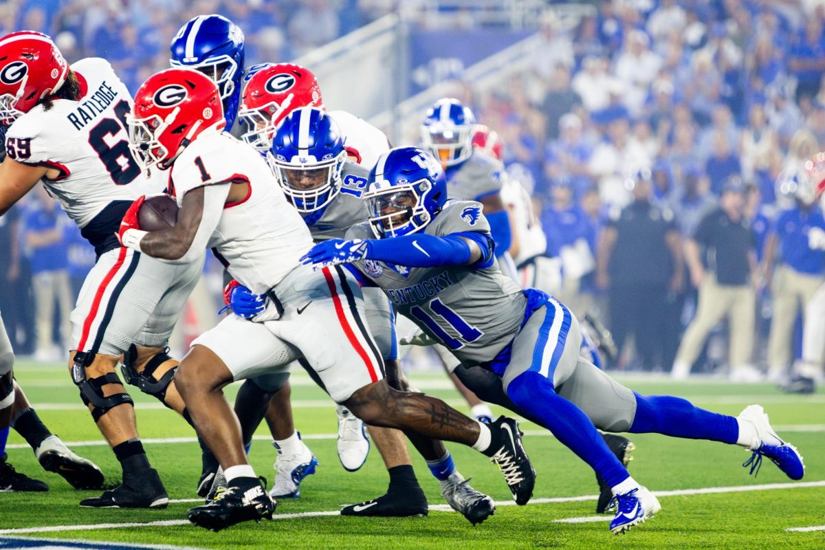 Kentucky defensive back Zion Childress (11) reaches out to make a tackle during the Kentucky vs. No. 1 Georgia football game on Saturday, Sept. 14, 2024, at Kroger Field in Lexington, Kentucky. Photo by Samuel Colmar | Staff