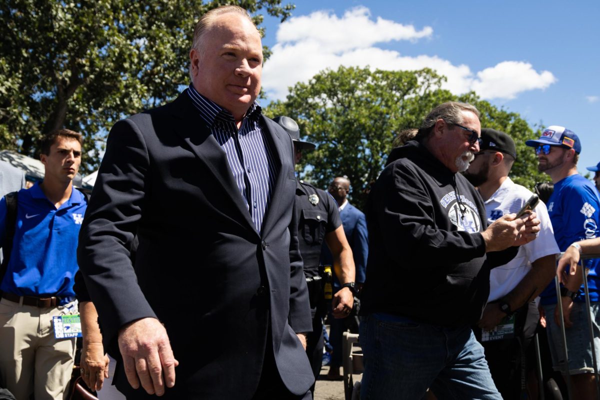 Kentucky head coach Mark Stoops arrives during the cat walk before the Kentucky vs. South Carolina football game on Saturday, Sept. 7, 2024, at Kroger Field in Lexington, Kentucky. Photo by Samuel Colmar | Staff