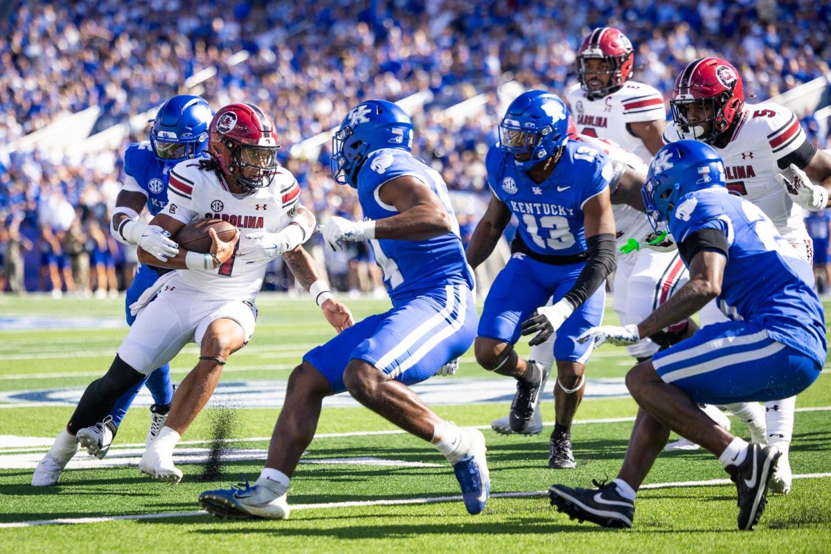 South Carolina quarterback Robby Ashford (1) runs the ball during the Kentucky vs. South Carolina football game on Saturday, Sept. 7, 2024, at Kroger Field in Lexington, Kentucky. Photo by Samuel Colmar | Staff