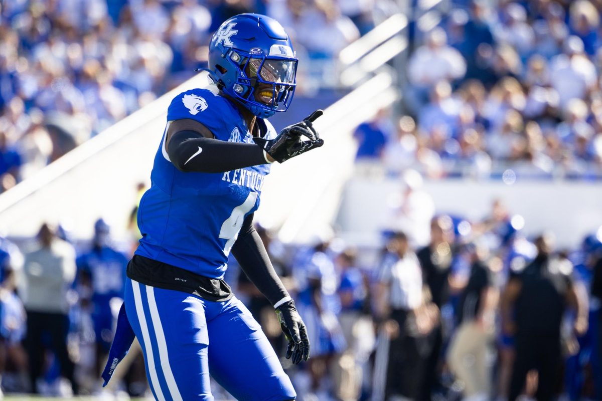 Kentucky defensive back Kristian Story (4) gets set before the play during the Kentucky vs. South Carolina football game on Saturday, Sept. 7, 2024, at Kroger Field in Lexington, Kentucky. Kentucky lost 31-6. Photo by Samuel Colmar | Staff