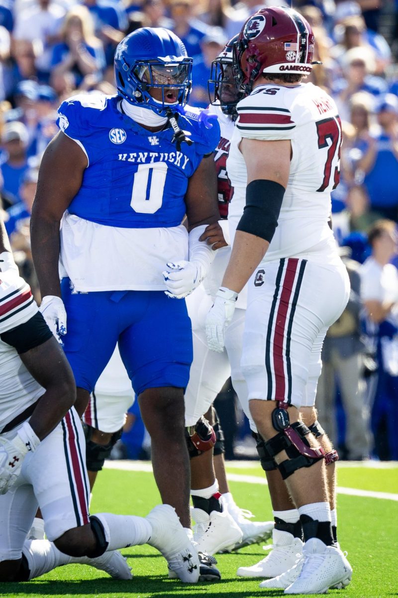 entucky defensive tackle Deone Walker (0) celebrates after securing a tackle during the Kentucky vs. South Carolina football game on Saturday, Sept. 7, 2024, at Kroger Field in Lexington, Kentucky. Kentucky lost 31-6. Photo by Samuel Colmar | Staff