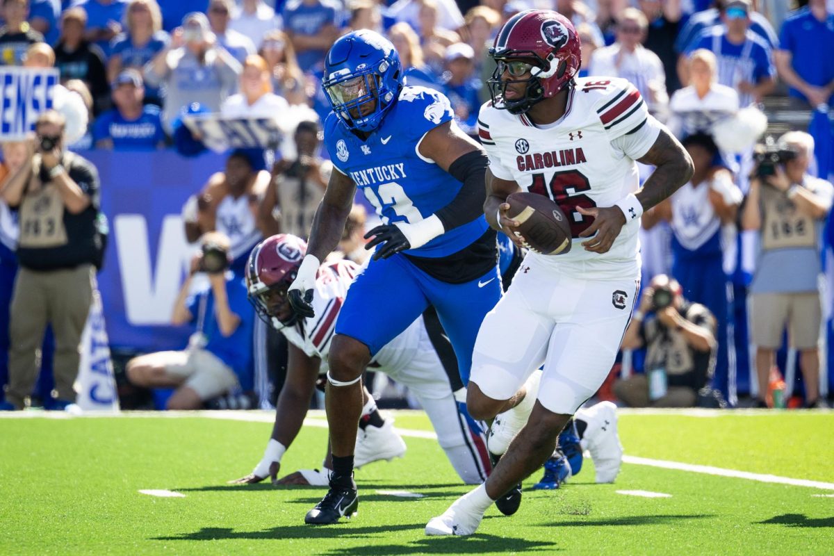 South Carolina quarterback LaNorris Sellers (16) scrambles with the ball during the Kentucky vs. South Carolina football game on Saturday, Sept. 7, 2024, at Kroger Field in Lexington, Kentucky. Kentucky lost 31-6. Photo by Samuel Colmar | Staff